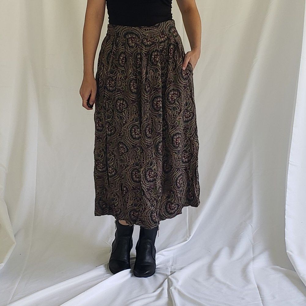 90s Green and Purple‎ Paisley Rayon Midi Skirt